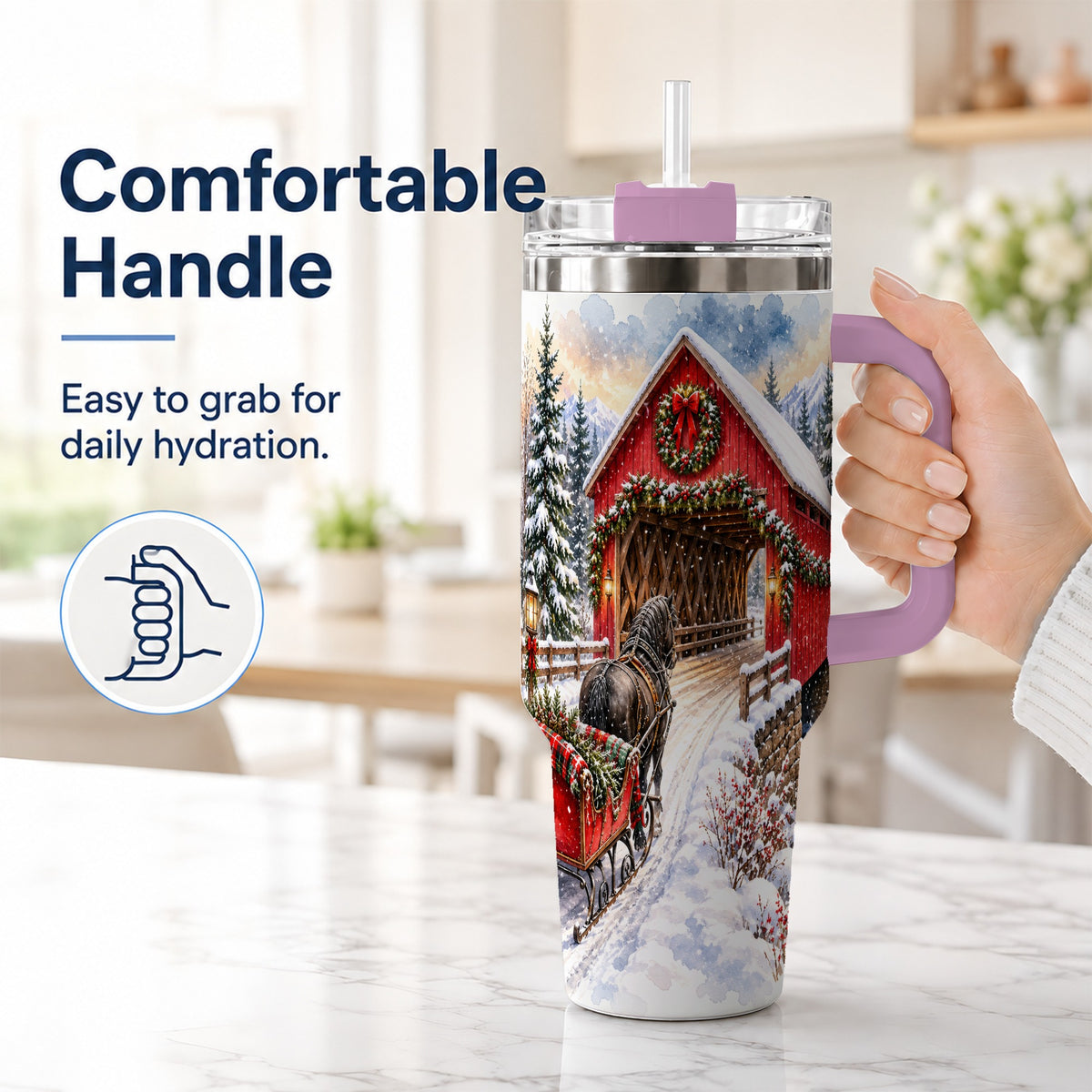 #pl[40oz|Pink] Christmas Covered Bridge 40oz Tumbler with Handle, Winter Travel Cup