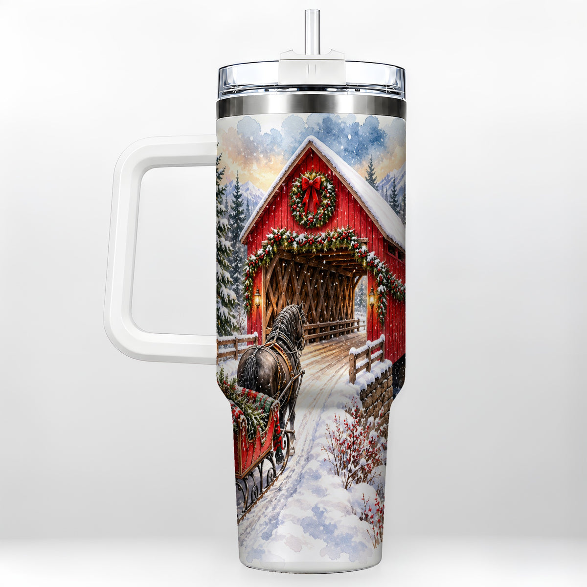 Christmas Covered Bridge 40oz Tumbler with Handle, Winter Travel Cup