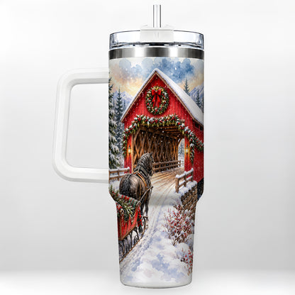 Christmas Covered Bridge 40oz Tumbler with Handle, Winter Travel Cup