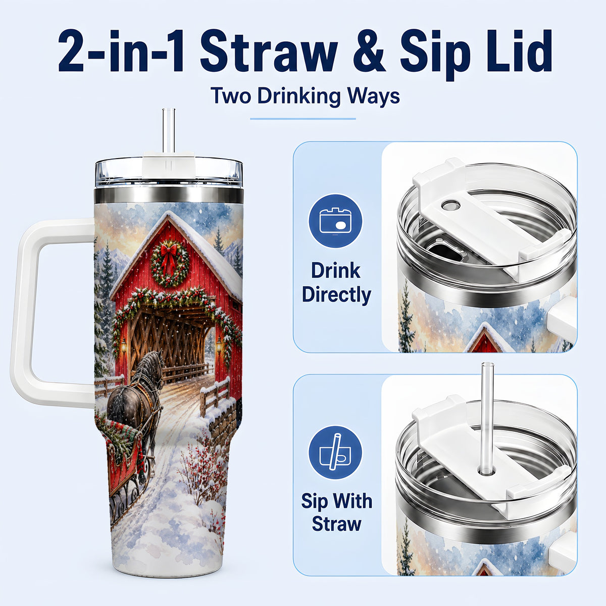 #pl[40oz|White] Christmas Covered Bridge 40oz Tumbler with Handle, Winter Travel Cup