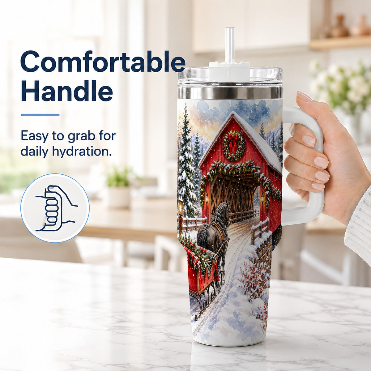 #pl[40oz|White] Christmas Covered Bridge 40oz Tumbler with Handle, Winter Travel Cup