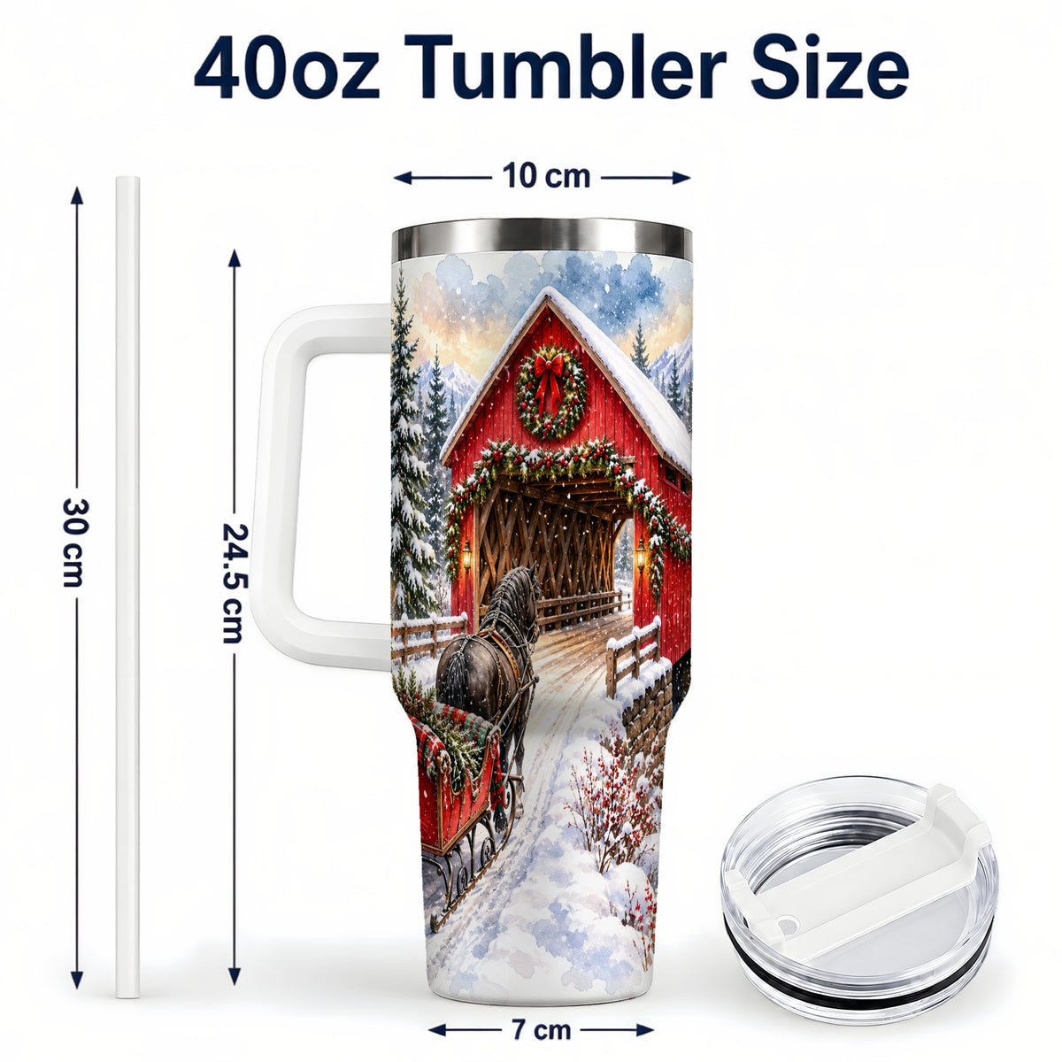 #pl[40oz|White] Christmas Covered Bridge 40oz Tumbler with Handle, Winter Travel Cup