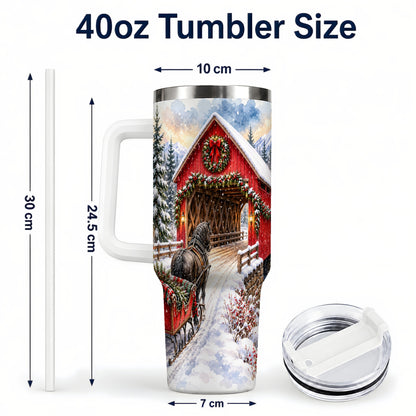 #pl[40oz|White] Christmas Covered Bridge 40oz Tumbler with Handle, Winter Travel Cup