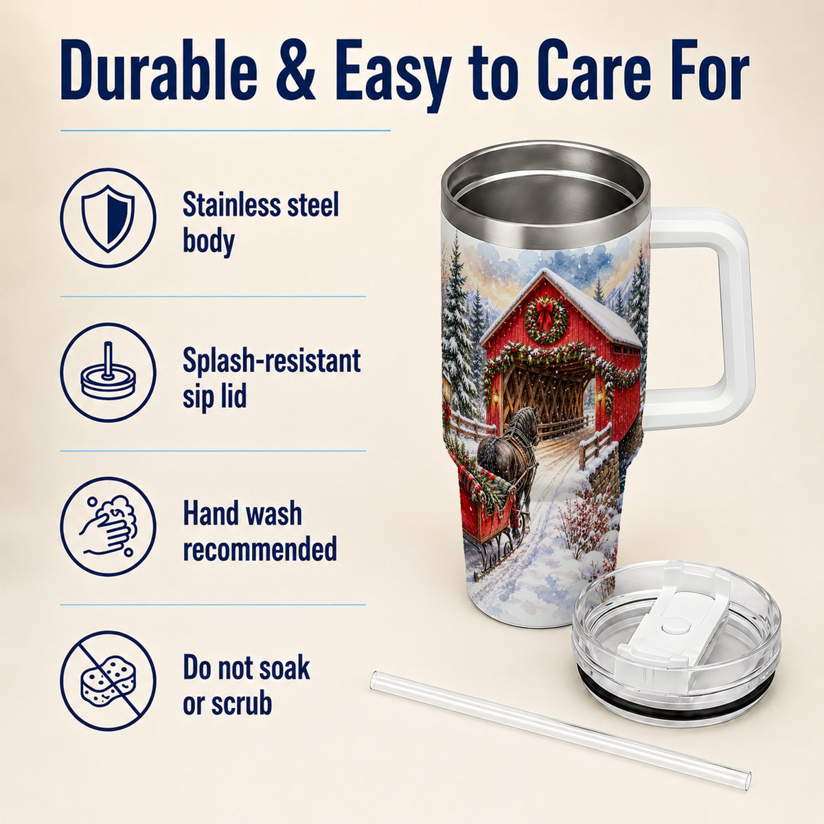 Christmas Covered Bridge 40oz Tumbler with Handle, Winter Travel Cup