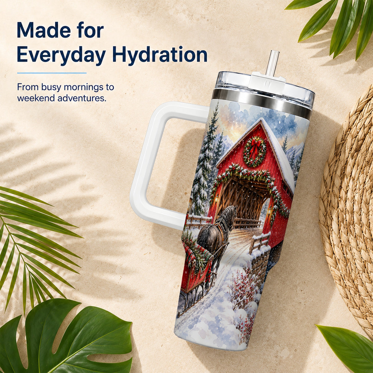 Christmas Covered Bridge 40oz Tumbler with Handle, Winter Travel Cup