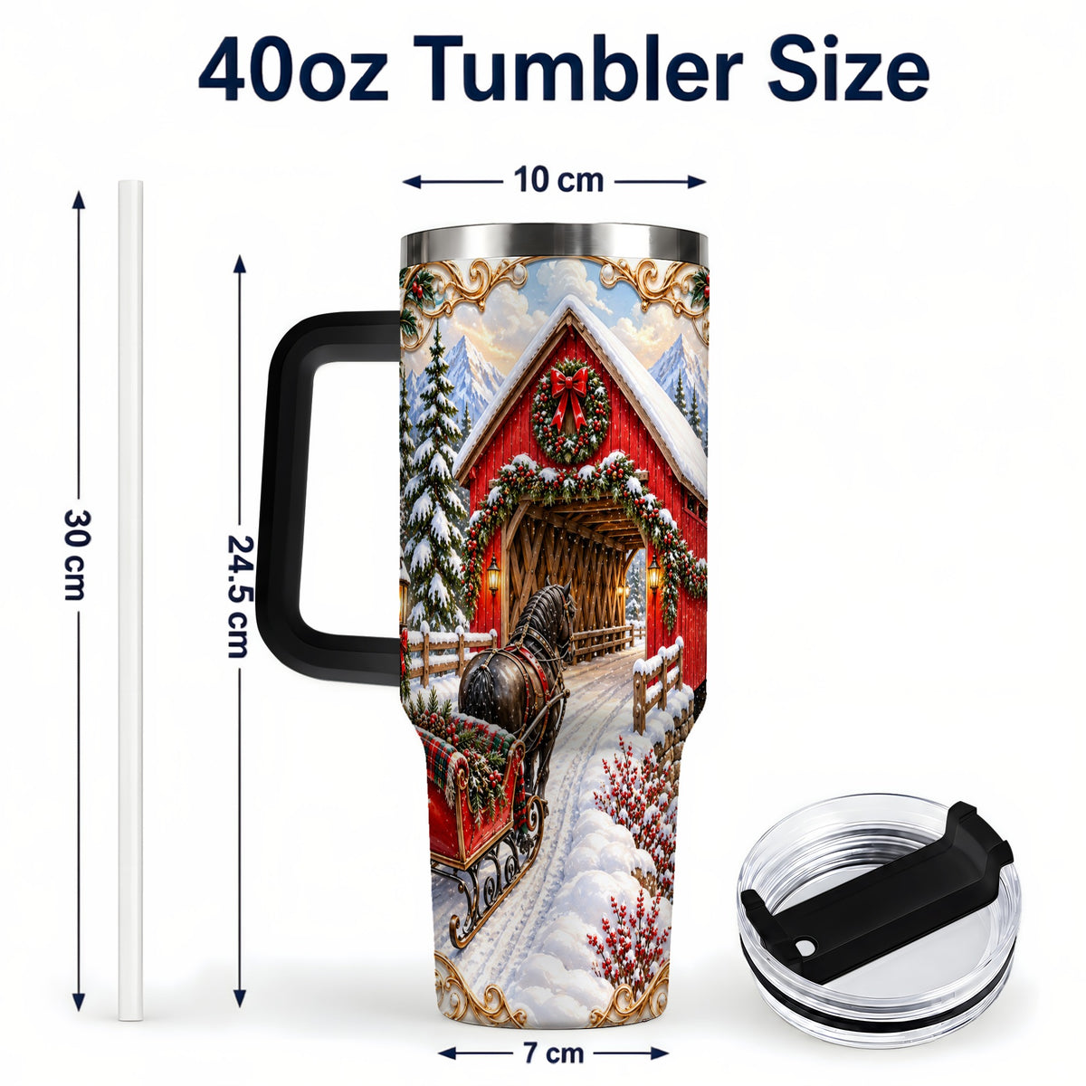 #pl[40oz|Black] Ornate Christmas Bridge 40oz Tumbler with Handle, Winter Travel Cup