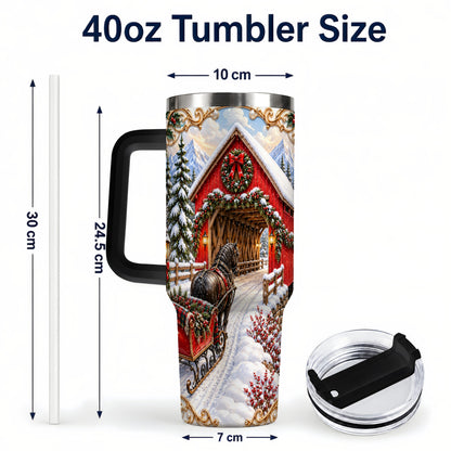 #pl[40oz|Black] Ornate Christmas Bridge 40oz Tumbler with Handle, Winter Travel Cup