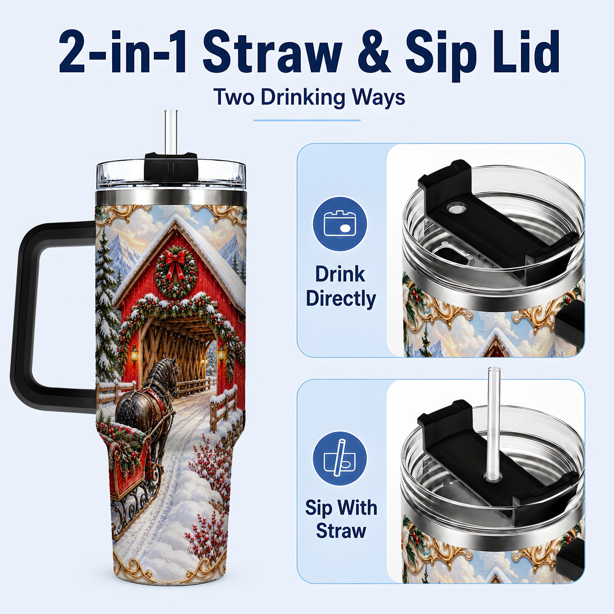 #pl[40oz|Black] Ornate Christmas Bridge 40oz Tumbler with Handle, Winter Travel Cup