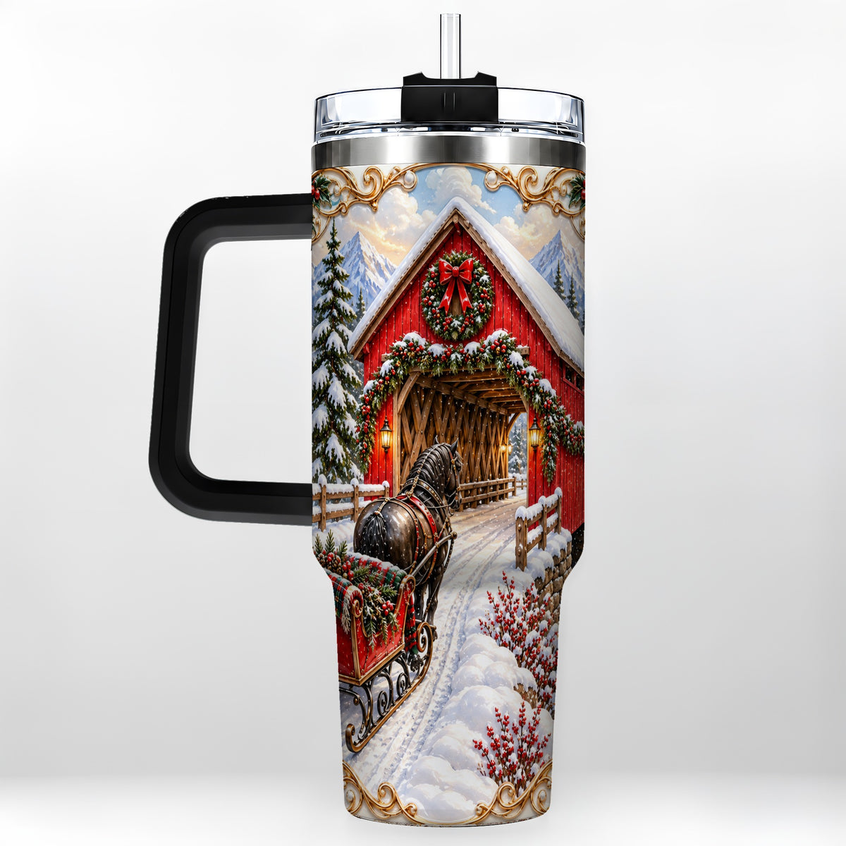 #pl[40oz|Black] Ornate Christmas Bridge 40oz Tumbler with Handle, Winter Travel Cup
