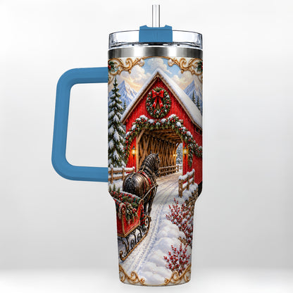 #pl[40oz|Blue] Ornate Christmas Bridge 40oz Tumbler with Handle, Winter Travel Cup