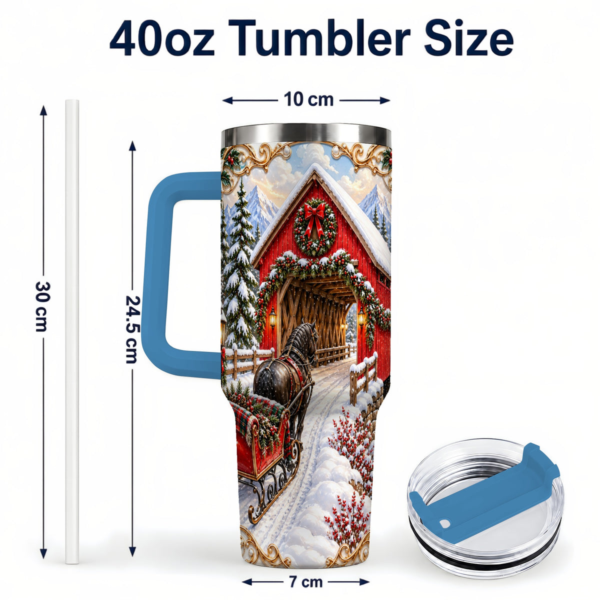 #pl[40oz|Blue] Ornate Christmas Bridge 40oz Tumbler with Handle, Winter Travel Cup