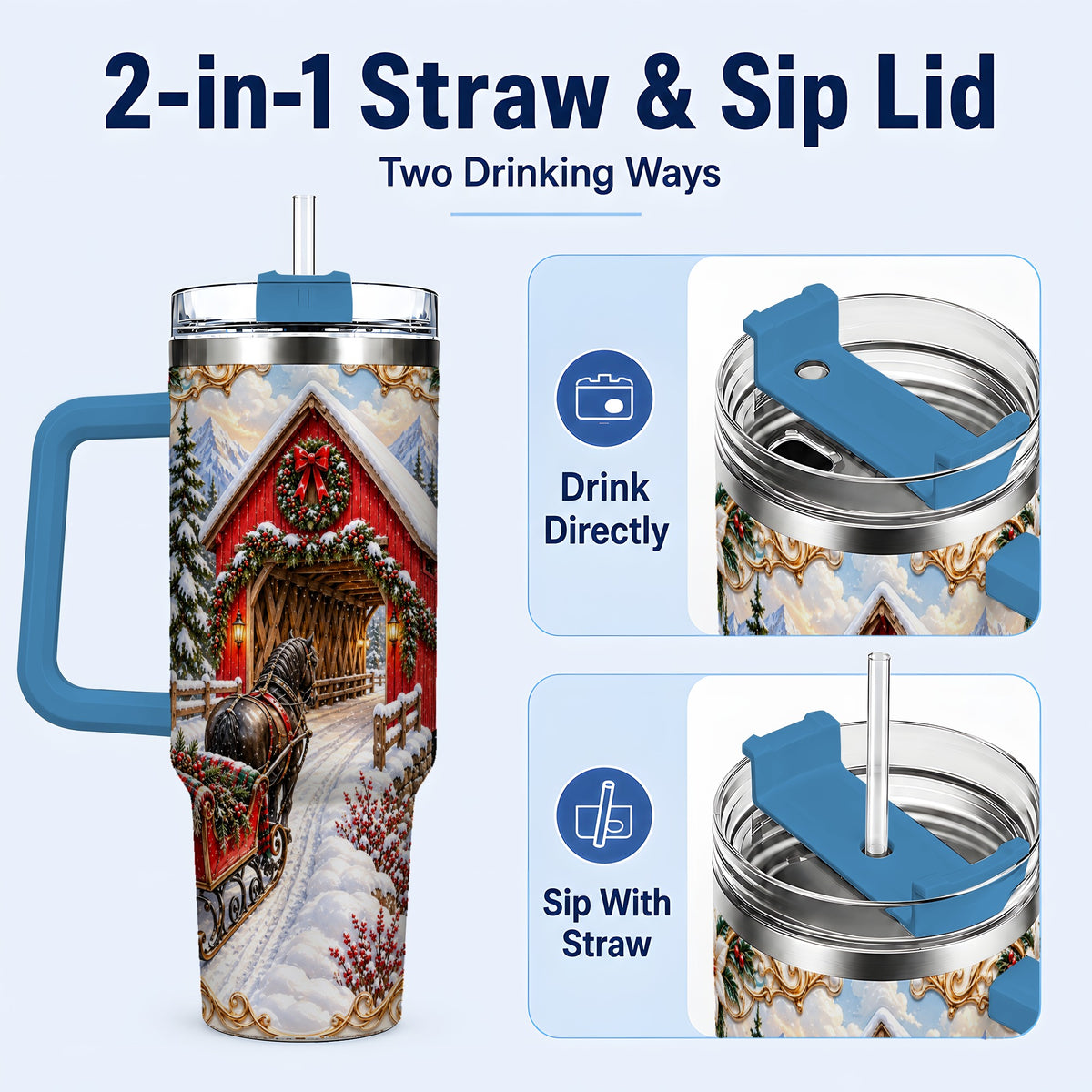 #pl[40oz|Blue] Ornate Christmas Bridge 40oz Tumbler with Handle, Winter Travel Cup