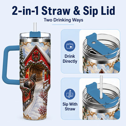 #pl[40oz|Blue] Ornate Christmas Bridge 40oz Tumbler with Handle, Winter Travel Cup