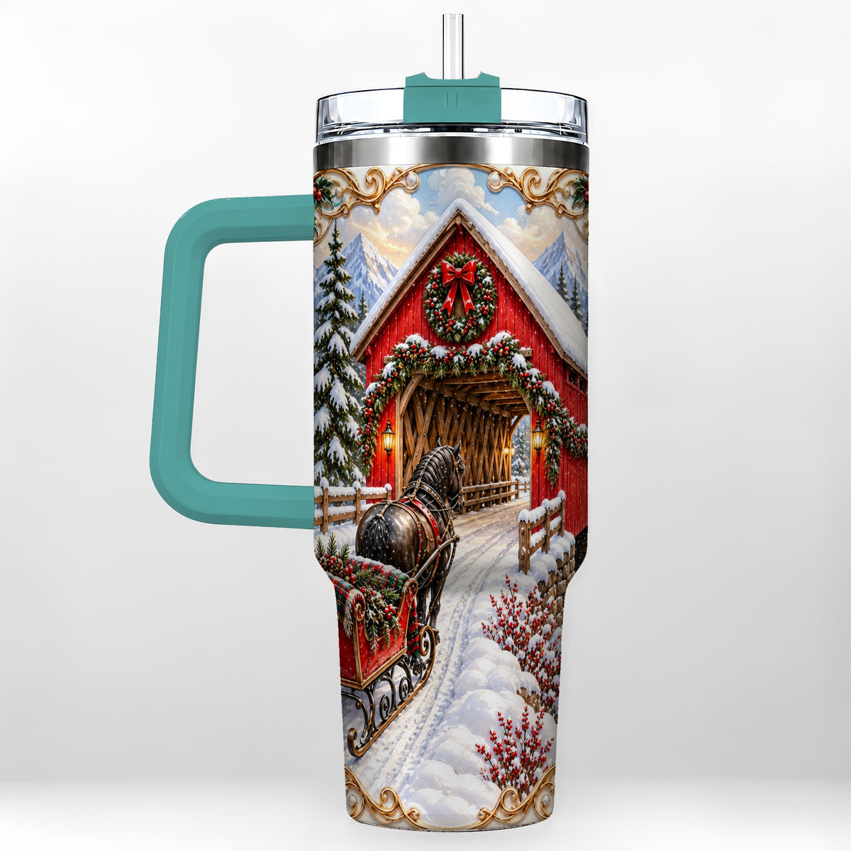 #pl[40oz|Green] Ornate Christmas Bridge 40oz Tumbler with Handle, Winter Travel Cup