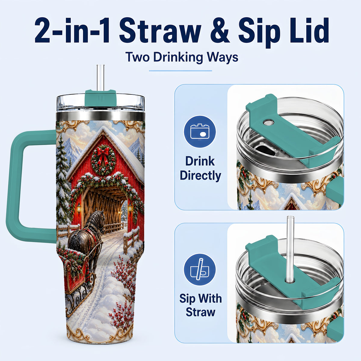 #pl[40oz|Green] Ornate Christmas Bridge 40oz Tumbler with Handle, Winter Travel Cup