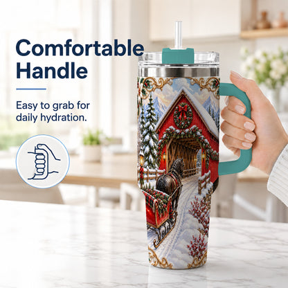 #pl[40oz|Green] Ornate Christmas Bridge 40oz Tumbler with Handle, Winter Travel Cup