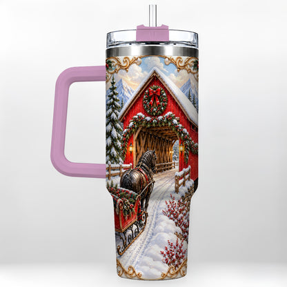 #pl[40oz|Pink] Ornate Christmas Bridge 40oz Tumbler with Handle, Winter Travel Cup