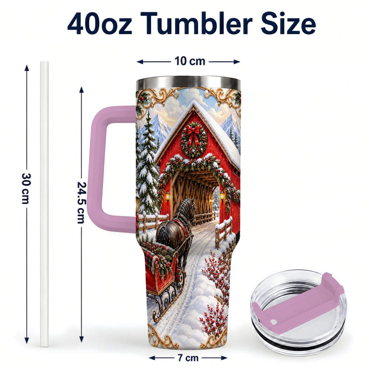 #pl[40oz|Pink] Ornate Christmas Bridge 40oz Tumbler with Handle, Winter Travel Cup