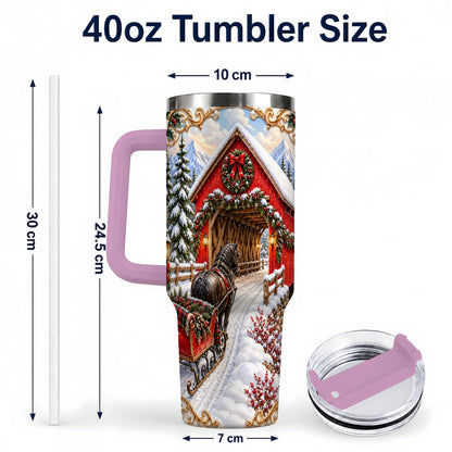 #pl[40oz|Pink] Ornate Christmas Bridge 40oz Tumbler with Handle, Winter Travel Cup