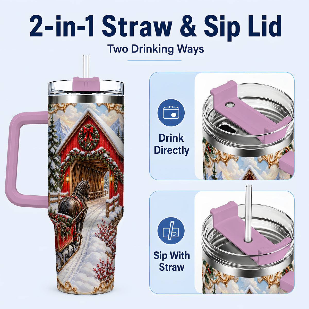 #pl[40oz|Pink] Ornate Christmas Bridge 40oz Tumbler with Handle, Winter Travel Cup