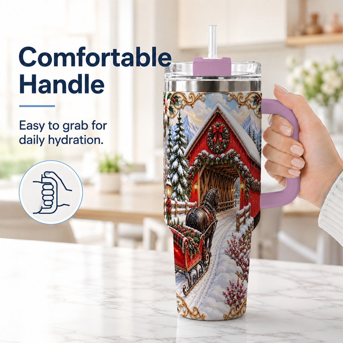 #pl[40oz|Pink] Ornate Christmas Bridge 40oz Tumbler with Handle, Winter Travel Cup