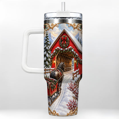 Ornate Christmas Bridge 40oz Tumbler with Handle, Winter Travel Cup