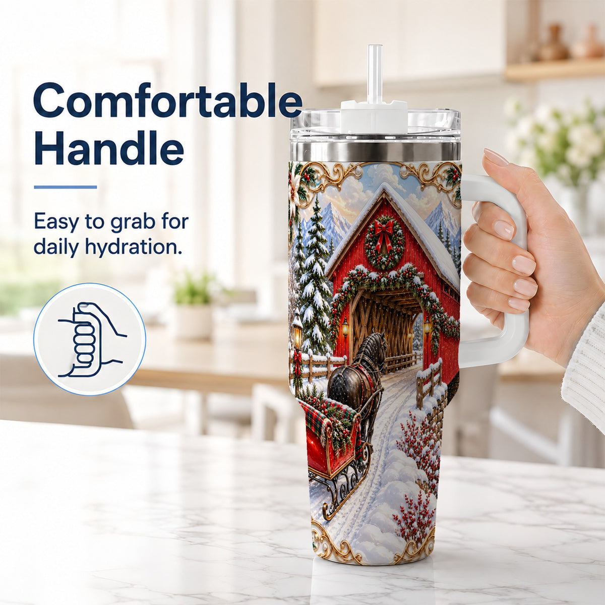 #pl[40oz|White] Ornate Christmas Bridge 40oz Tumbler with Handle, Winter Travel Cup