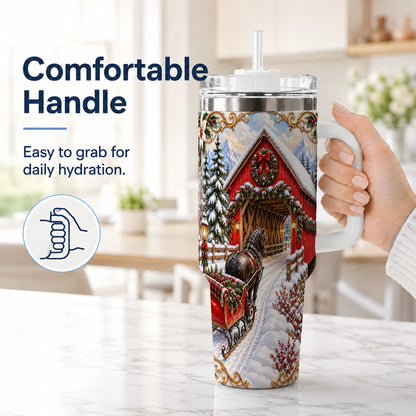 #pl[40oz|White] Ornate Christmas Bridge 40oz Tumbler with Handle, Winter Travel Cup