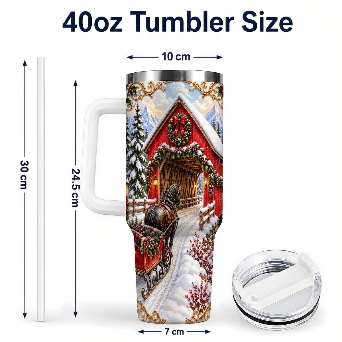 #pl[40oz|White] Ornate Christmas Bridge 40oz Tumbler with Handle, Winter Travel Cup