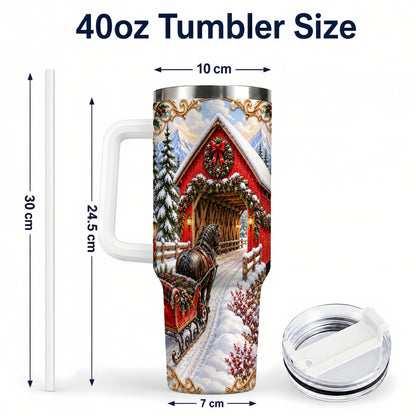 #pl[40oz|White] Ornate Christmas Bridge 40oz Tumbler with Handle, Winter Travel Cup