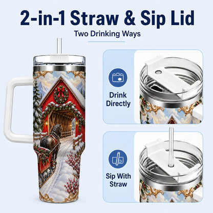 #pl[40oz|White] Ornate Christmas Bridge 40oz Tumbler with Handle, Winter Travel Cup