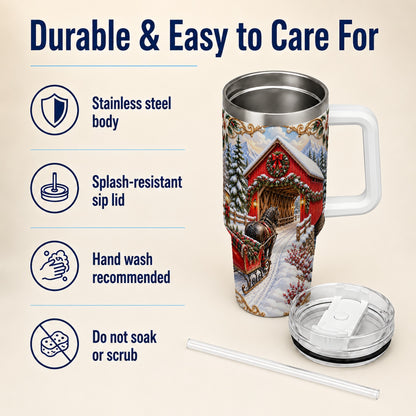 Ornate Christmas Bridge 40oz Tumbler with Handle, Winter Travel Cup