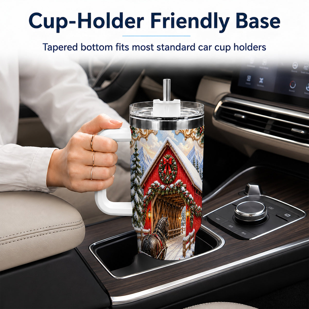 Ornate Christmas Bridge 40oz Tumbler with Handle, Winter Travel Cup