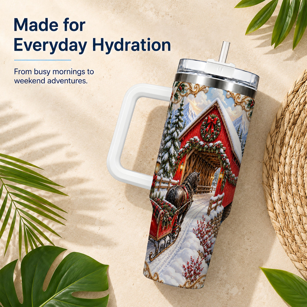 Ornate Christmas Bridge 40oz Tumbler with Handle, Winter Travel Cup