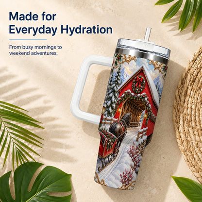 Ornate Christmas Bridge 40oz Tumbler with Handle, Winter Travel Cup