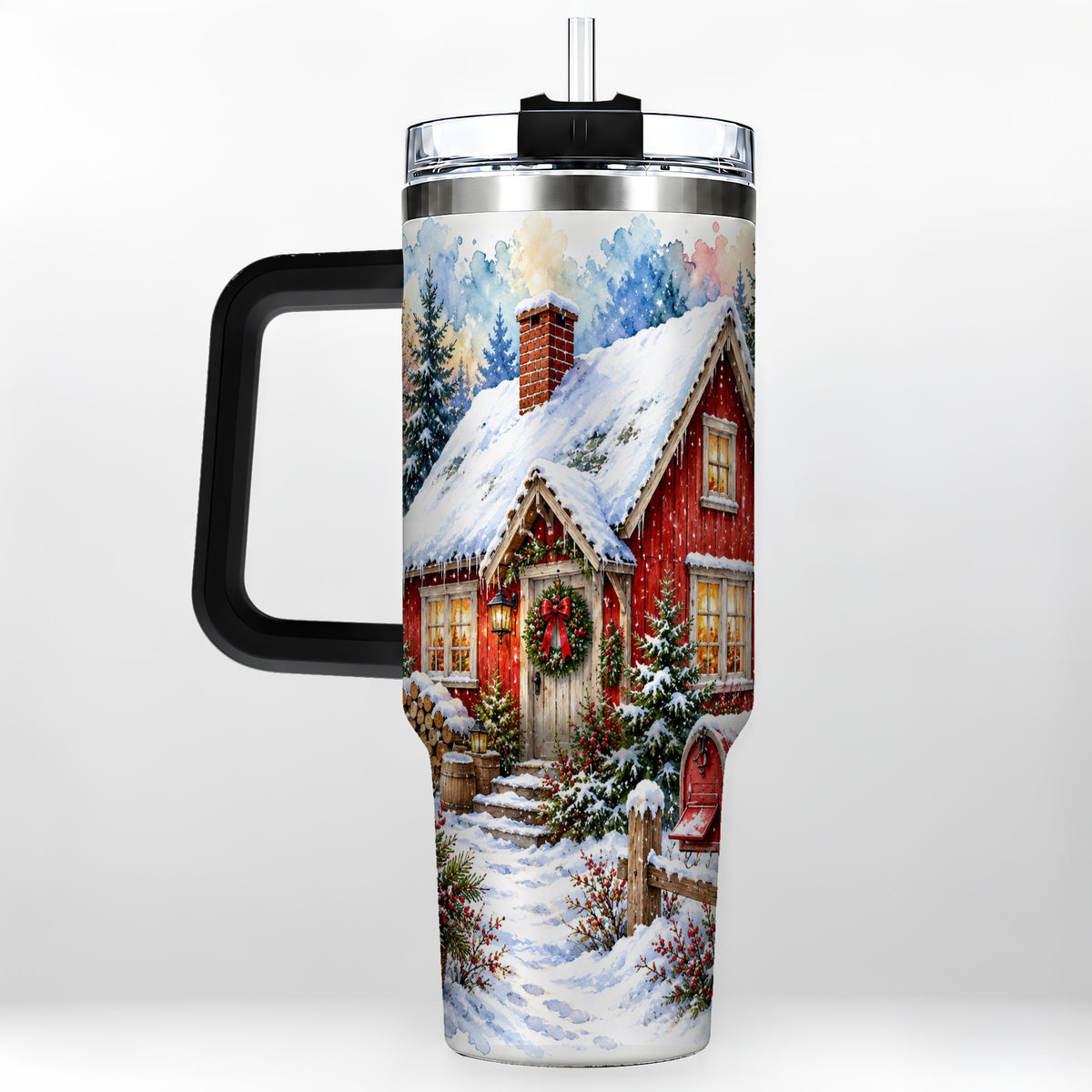 #pl[40oz|Black] Red Christmas Cottage 40oz Tumbler with Handle, Snowy Travel Cup