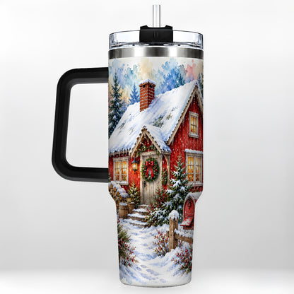 #pl[40oz|Black] Red Christmas Cottage 40oz Tumbler with Handle, Snowy Travel Cup
