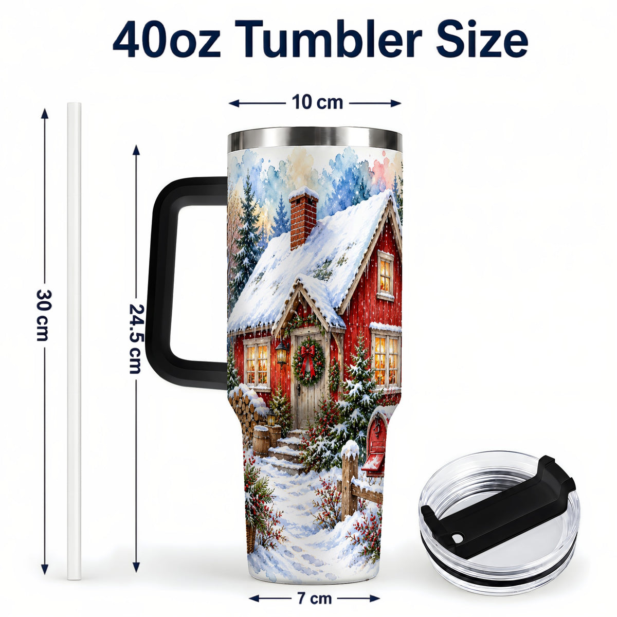 #pl[40oz|Black] Red Christmas Cottage 40oz Tumbler with Handle, Snowy Travel Cup