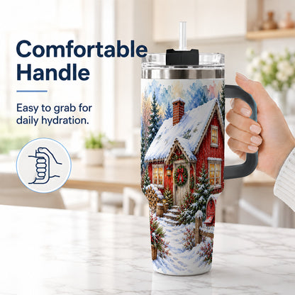#pl[40oz|Black] Red Christmas Cottage 40oz Tumbler with Handle, Snowy Travel Cup
