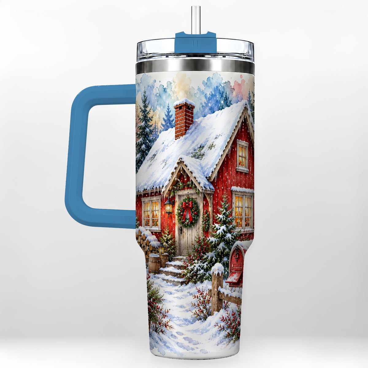 #pl[40oz|Blue] Red Christmas Cottage 40oz Tumbler with Handle, Snowy Travel Cup