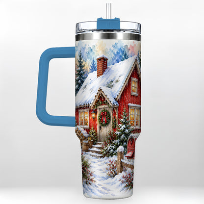 #pl[40oz|Blue] Red Christmas Cottage 40oz Tumbler with Handle, Snowy Travel Cup