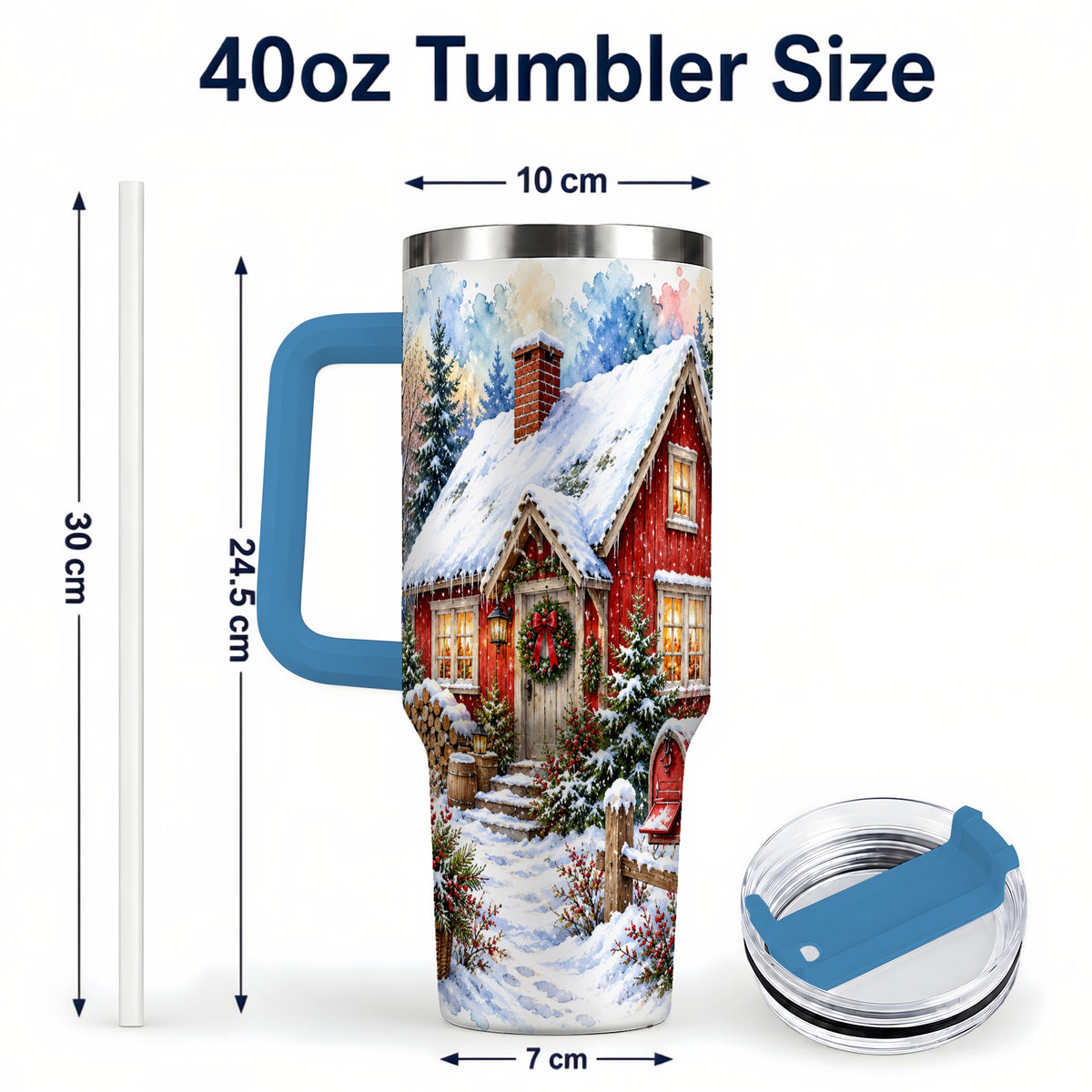 #pl[40oz|Blue] Red Christmas Cottage 40oz Tumbler with Handle, Snowy Travel Cup
