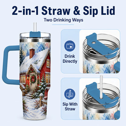 #pl[40oz|Blue] Red Christmas Cottage 40oz Tumbler with Handle, Snowy Travel Cup