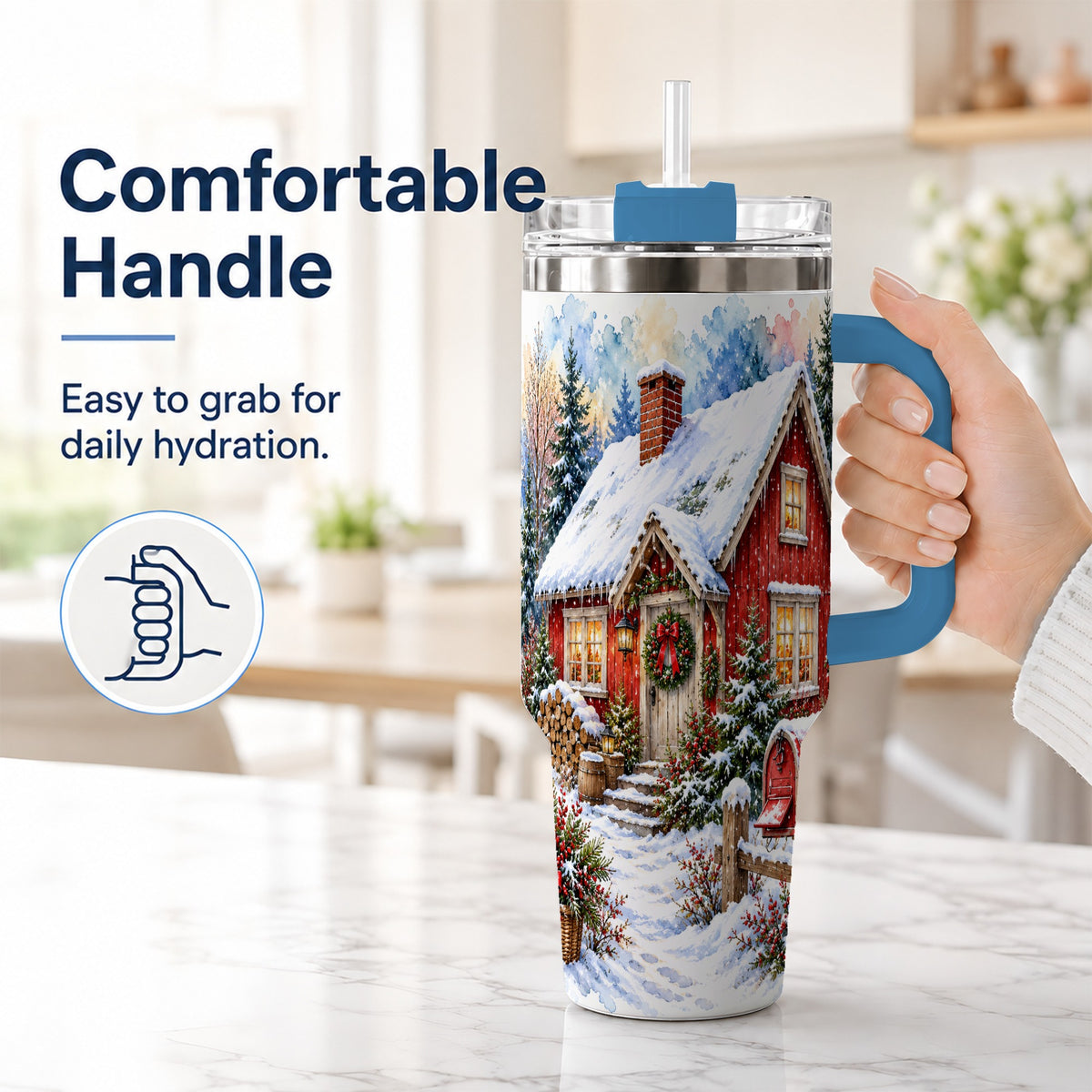 #pl[40oz|Blue] Red Christmas Cottage 40oz Tumbler with Handle, Snowy Travel Cup