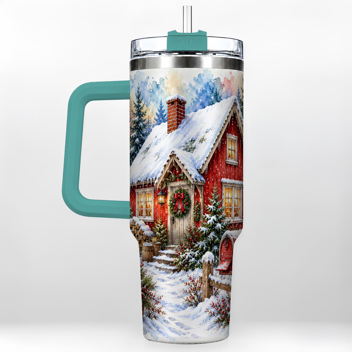 #pl[40oz|Green] Red Christmas Cottage 40oz Tumbler with Handle, Snowy Travel Cup