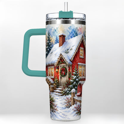 #pl[40oz|Green] Red Christmas Cottage 40oz Tumbler with Handle, Snowy Travel Cup