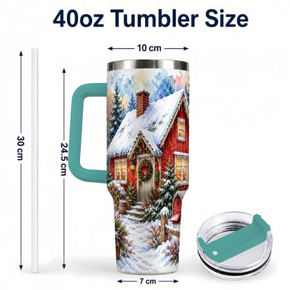 #pl[40oz|Green] Red Christmas Cottage 40oz Tumbler with Handle, Snowy Travel Cup
