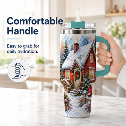 #pl[40oz|Green] Red Christmas Cottage 40oz Tumbler with Handle, Snowy Travel Cup