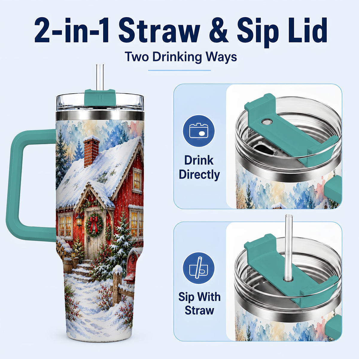 #pl[40oz|Green] Red Christmas Cottage 40oz Tumbler with Handle, Snowy Travel Cup