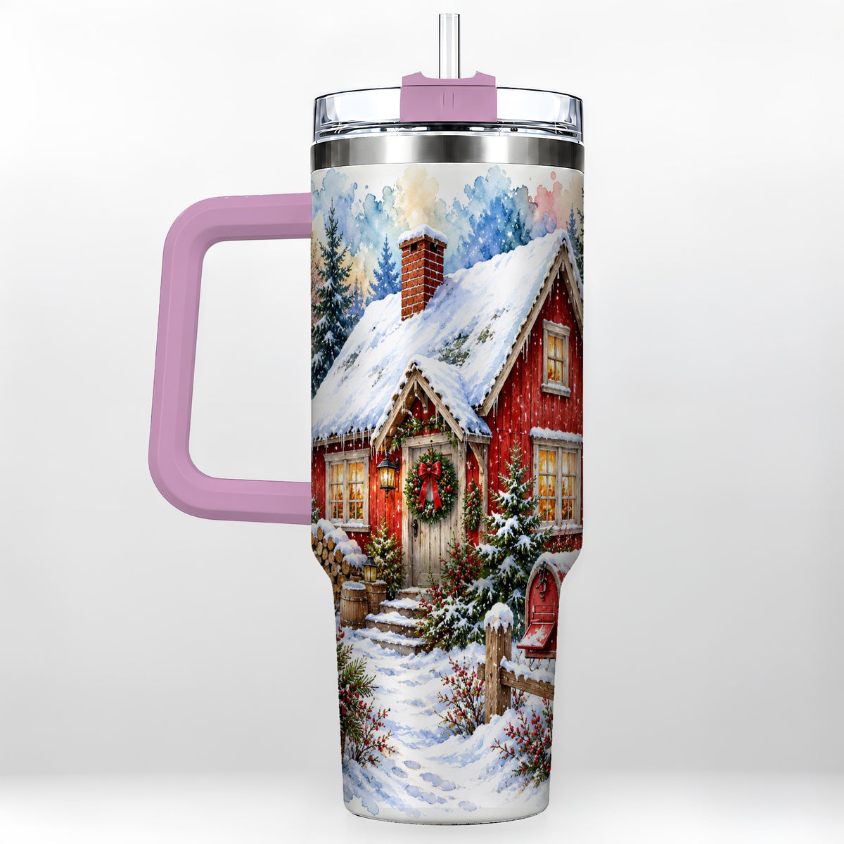 #pl[40oz|Pink] Red Christmas Cottage 40oz Tumbler with Handle, Snowy Travel Cup